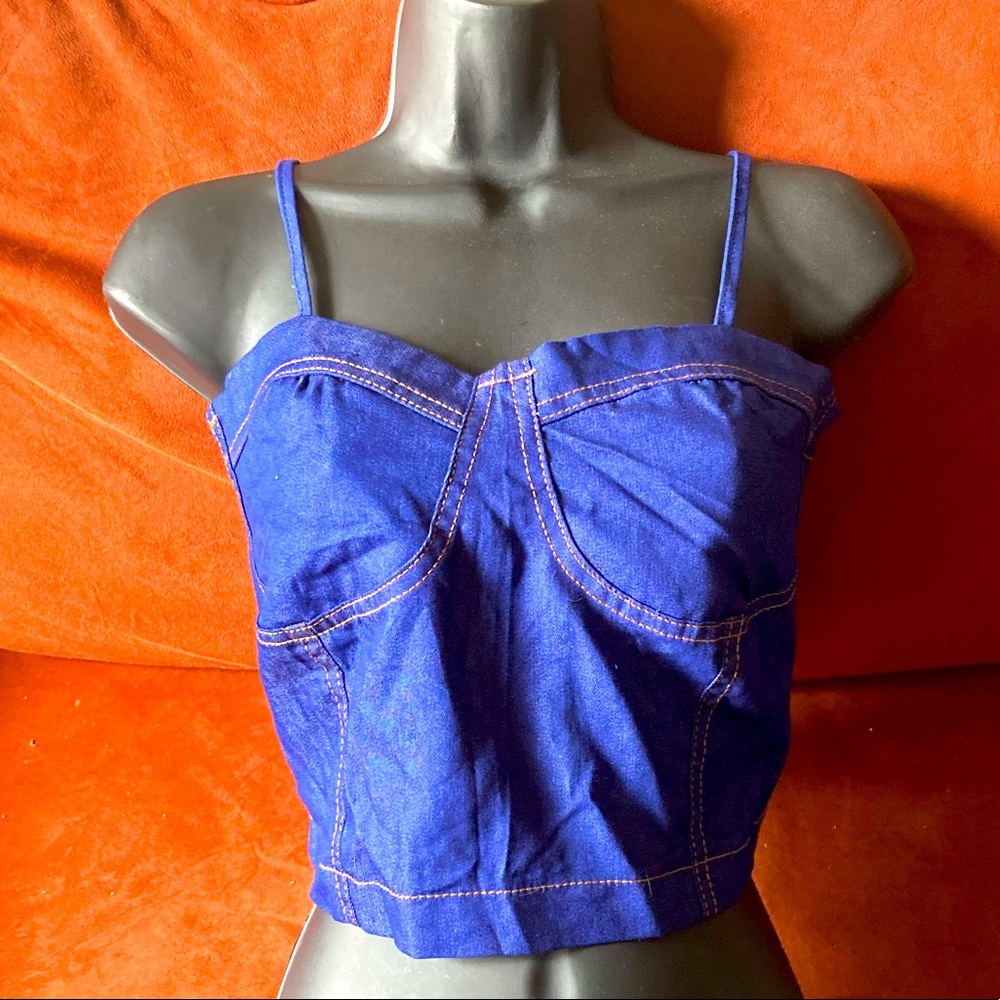 2/14$! Jean look/“denim” soft bustier top w/contrast stitching &spaghetti straps